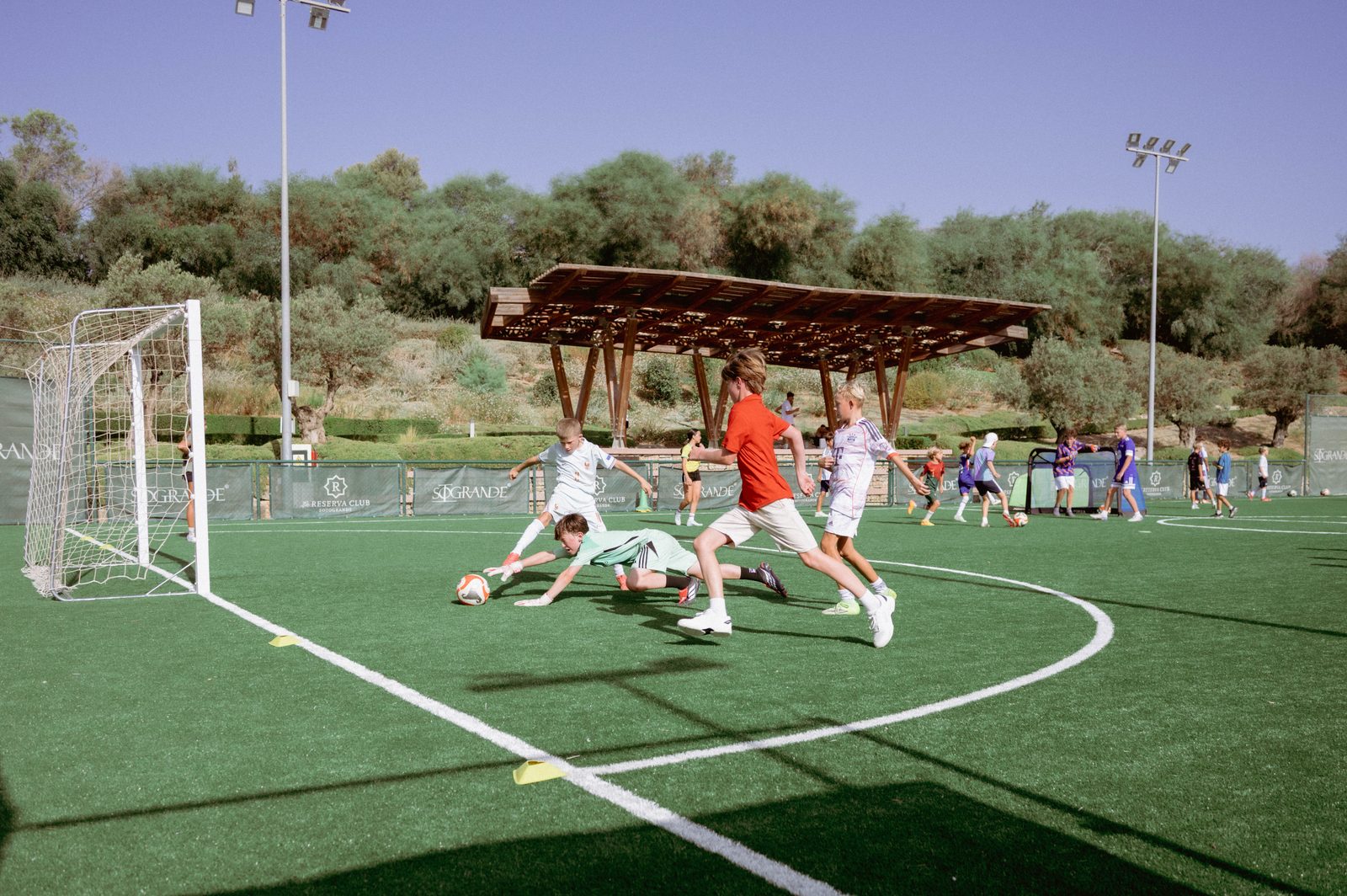 A goalkeeper diving full stretch to smother the ball at the near post
