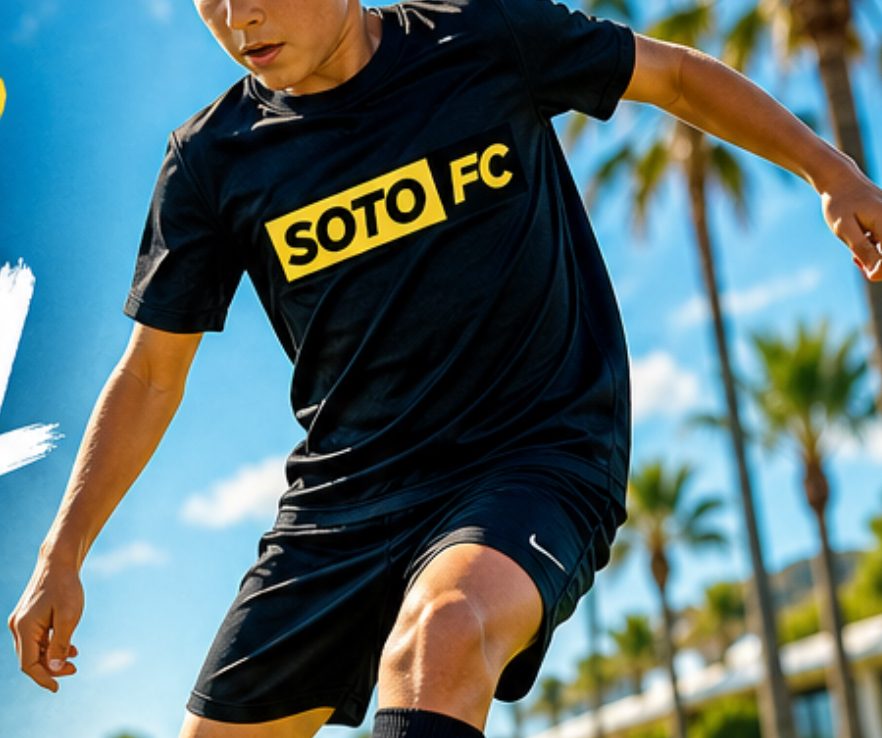 A player in the black and yellow Soto FC training shirt